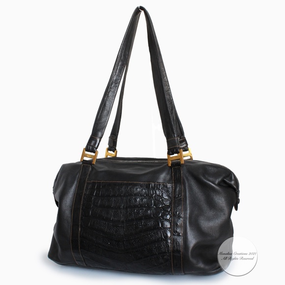 Gucci Duffle Bag Black Crocodile and Kid Leather Large Hobo Vintage 1984 + COA - Picture 10 of 17